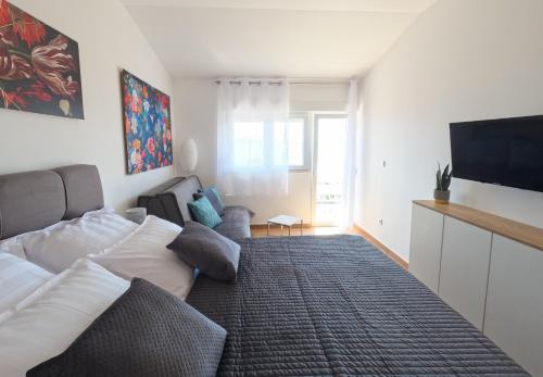 Televízia a/alebo spoločenská miestnosť v ubytovaní Sea and mountain view apartments