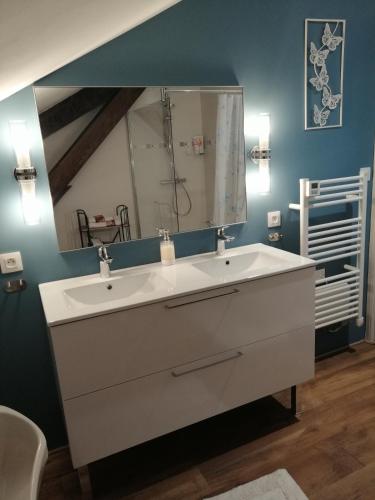 a bathroom with a white sink and a mirror at Gîte Le domaine de Moïse in La Fouillade