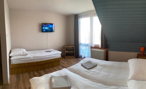 a hotel room with two beds and a tv at OwlCastle-Bagolyvár in Hajdúszoboszló