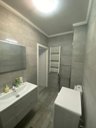 Un baño con un lavabo blanco y un inodoro. en Apartament 2 camere Eliberarii, en Constanţa