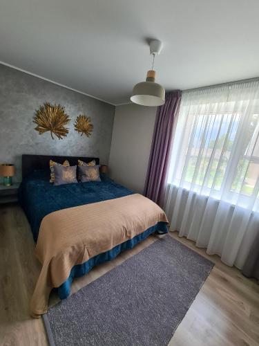 ein Schlafzimmer mit einem Bett und einem großen Fenster in der Unterkunft Hubane Olevi Apartment in Võru