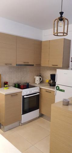 a kitchen with wooden cabinets and a white oven at Δροσιά in Nafplio