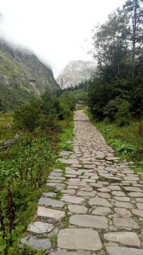 a stone path in the middle of a mountain at Odyssey Stays Ghangaria - 9Kms Trek from Pulna, Govindghat in Lokpāl