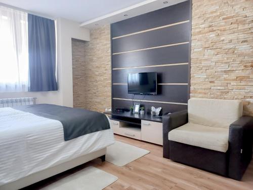 een slaapkamer met een bed, een stoel en een televisie bij Helena Apartments in Kopaonik