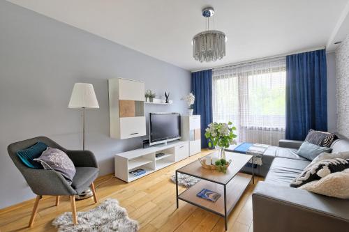 uma sala de estar com um sofá e uma televisão em Apartament Krupówki VIP Odkryj Zakopane em Zakopane