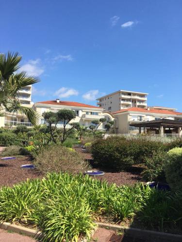 un jardin avec des plantes et des bâtiments en arrière-plan dans l'établissement Bord de mer Juan les Pins, à Antibes