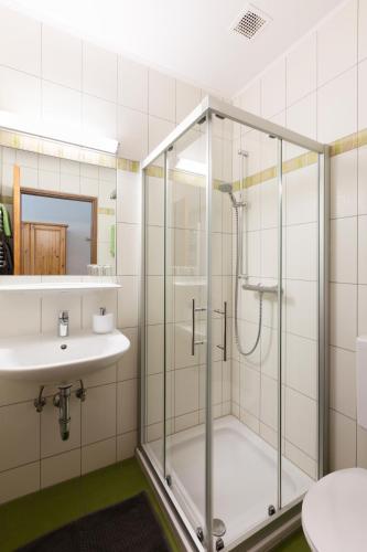 y baño con ducha y lavamanos. en Frühstückspension Rottensteiner, en Otterthal