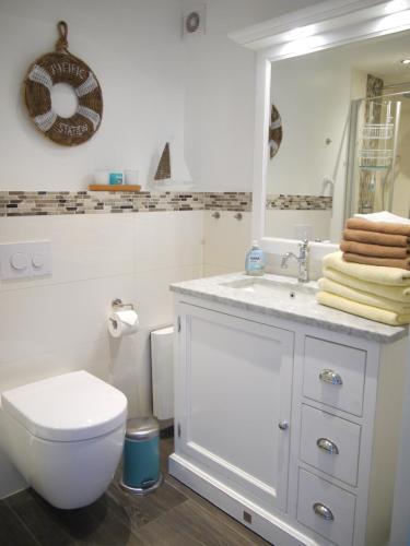 a bathroom with a toilet and a sink and a mirror at Strandperle 4 in Scharbeutz