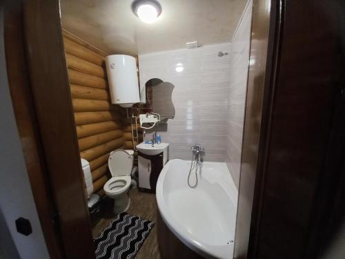 La salle de bains est pourvue d'un lavabo blanc et de toilettes. dans l'établissement Садиба У Марії, à Polyana