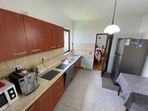 uma cozinha com armários de madeira e um frigorífico de aço inoxidável em Pensiunea Casa Pancu em Ceahlău