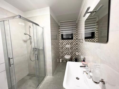 bagno con doccia, lavandino e specchio di Apartment Vita a Medulin