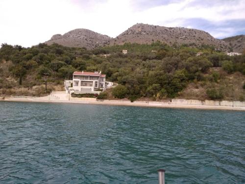 a house on a beach next to the water at Ocean views in Plataria