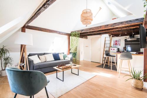 un salon avec un canapé et une table dans l'établissement La Petite Cathédrale Strasbourg séjour de 30 jours ou plus, à Strasbourg