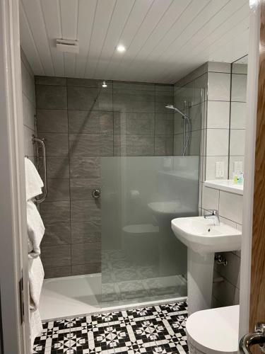 a bathroom with a shower and a toilet and a sink at South Lawn Hotel in Lymington