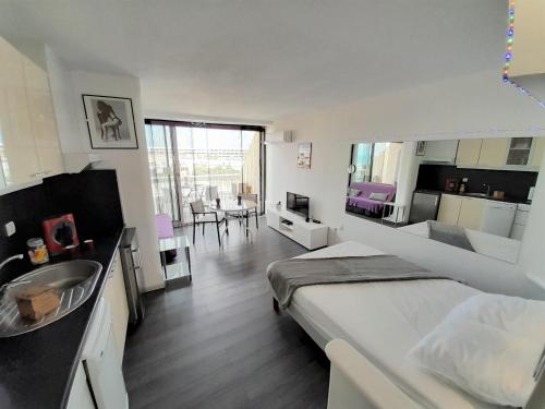 um quarto com uma cama, um lavatório e uma cozinha em Studio Village Naturiste Résille em Cap d'Agde