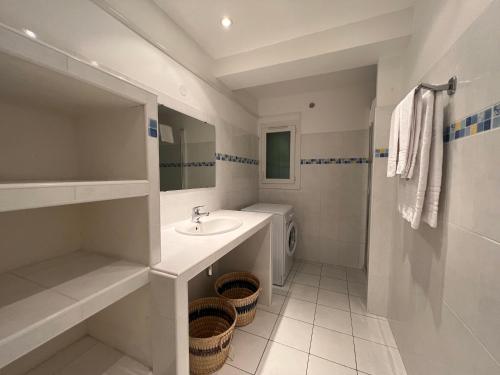 une salle de bain avec un lavabo et une machine à laver dans l'établissement Résidence Marie Diane - Laurier Rose, à Propriano