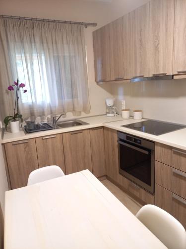 a kitchen with wooden cabinets and a table with chairs at Aerokaria Studio in Ágios Márkos