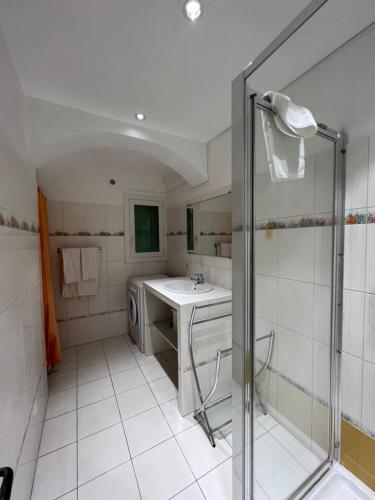 une salle de bain avec un lavabo et une machine à laver dans l'établissement Résidence Marie Diane - Laurier des Bois, à Propriano