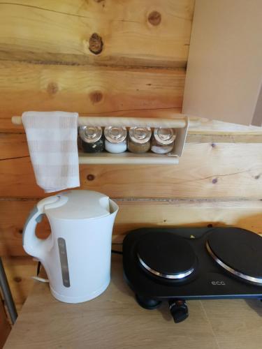 a kitchen with a counter with a coffee maker and a stove at Sodyba "Vytauto kaimas" Aukštadvaris in Aukštadvaris