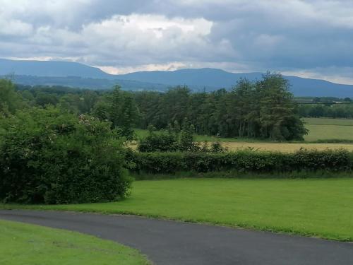 a road in a field with mountains in the background at Justosleep in Kilkenny