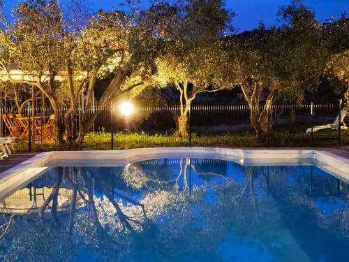 a pool at night with trees in the background at La Corte degli Ulivi - Albergo Rurale in Tresnuraghes