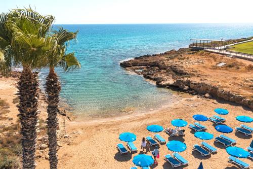 a beach with chairs and blue umbrellas and a palm tree at Louis Althea Beach in Protaras