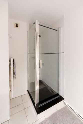 une douche avec une porte vitrée dans une salle de bain dans l'établissement La Terrasse St Michel - Parking -Métro - Bus, à Toulouse