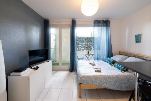 Cette petite chambre comprend un lit et une télévision. dans l'établissement La Terrasse St Michel - Parking -Métro - Bus, à Toulouse