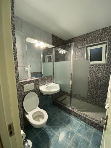 a bathroom with a toilet and a sink and a shower at Vila David in Baile Unu Mai