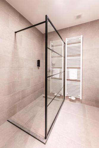 a shower with a glass door in a bathroom at Belcasa Beach Suites & Lofts Aparthotel in Middelkerke