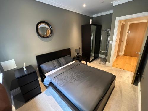 a bedroom with a bed and a mirror on the wall at Lovely modern 1 bedroom apartment in Hendon