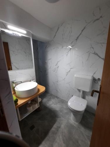 a bathroom with a white sink and a toilet at Apartment Klementina FREE PARKING in Zagreb