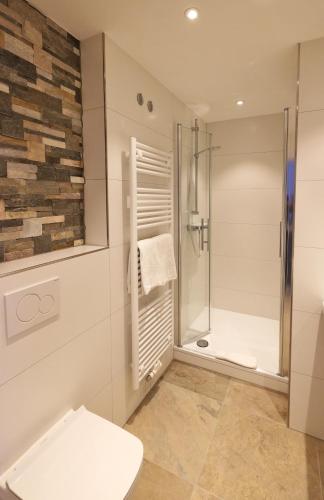 a bathroom with a shower stall and a toilet at Hotel Gasthof Jägerstüble in Freudenstadt
