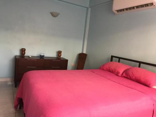 a bedroom with a pink bed and a dresser at NMG Comforts in Roseau
