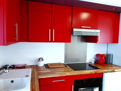 una cocina roja con armarios rojos y fregadero en 02 - T2 au rdc avec jolie terrasse et porte donnant sur parking comme une maison, en Razac-sur-lʼIsle