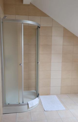a shower with a glass door in a bathroom at Siedlisko Roztocze Potoczek in AdamÃ³w