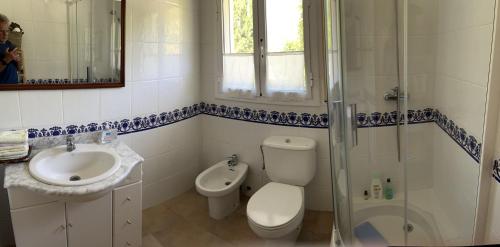 a bathroom with a toilet and a sink and a shower at Les Columnes in Vespellá