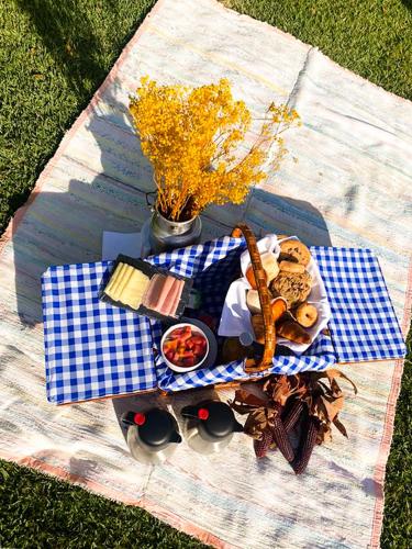 a picnic table with food on a blue and white blanket at Quinta Dom Sapo - Agroturismo in Viana do Castelo