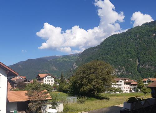 un villaggio con case e montagne sullo sfondo di Jobling's Holiday Apartment a Interlaken