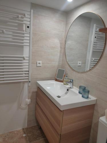 une salle de bain avec un lavabo et un miroir dans l'établissement Le Secret du Moulin, agréable tiny house Villefort, à Villefort