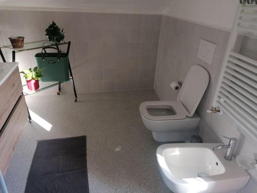 a bathroom with a white toilet and a sink at La soffitta di Anita in Bedonia