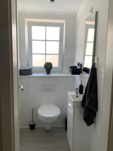 a white bathroom with a toilet and a window at Schicke neue Ferienwohnung in Bremen