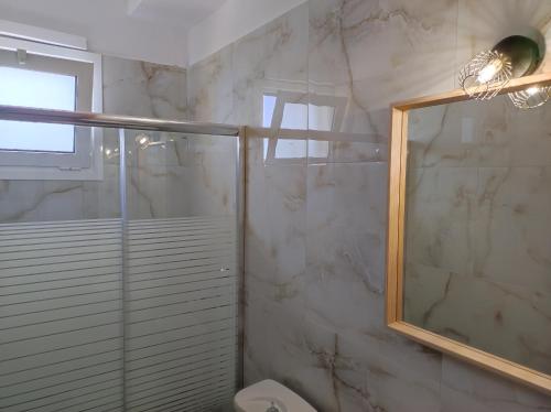 a bathroom with a shower and a mirror at San Pedro in Vasiliki