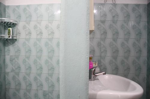 a bathroom with a sink and a shower curtain at Shtepi Pushimi in Durrës