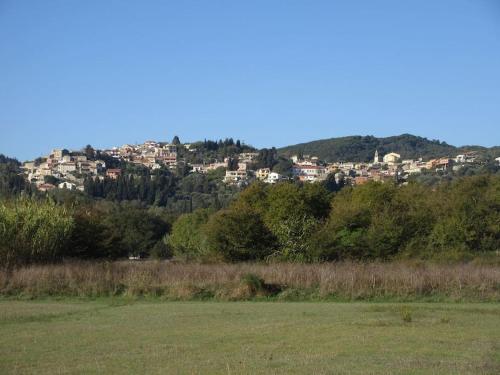 a town on top of a hill with a green field at George's house in Giannádes