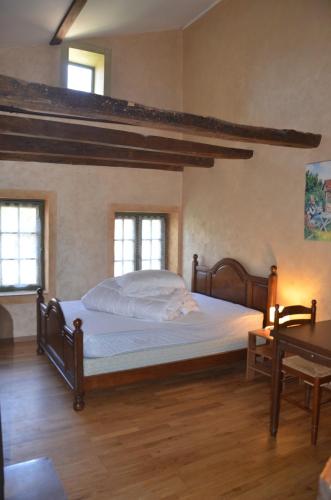 a bedroom with a bed and a table and windows at Studio et colocation - Gîte Les 7 fontaines in Chevinay