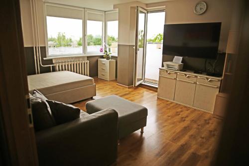 a living room with a couch and a flat screen tv at Apartment for a short rent in KaunasButas trumpalaikei nuomai Kaune in Kaunas