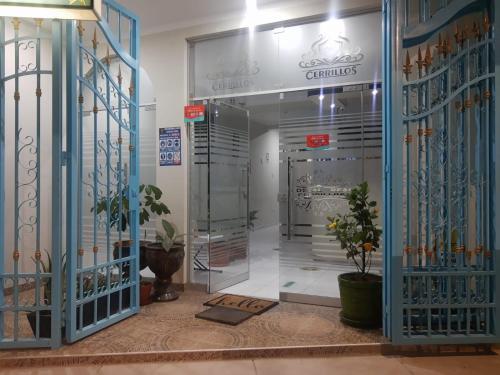 an entrance to a building with glass doors and plants at HOSTAL REAL CERRILLOS in Moquegua