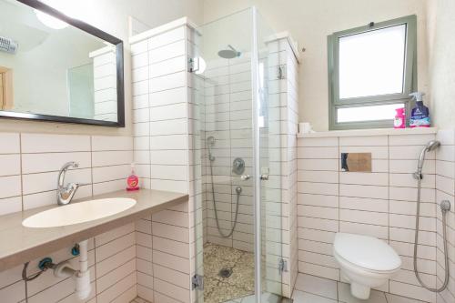 a bathroom with a shower and a toilet and a sink at Holiday home in Galilee in Sheʼar Yashuv