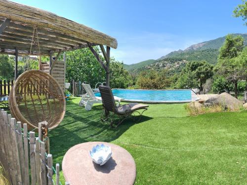 einen Garten mit einem Stuhl und einem Pool in der Unterkunft A Cantina Chalet avec Piscine proche d Ajaccio in Carbuccia